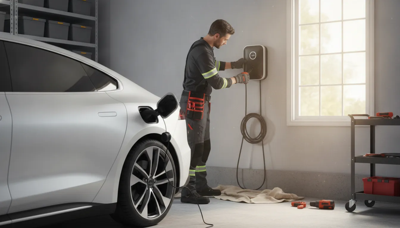 Licensed electrician mounting a home EV charger in a California garage