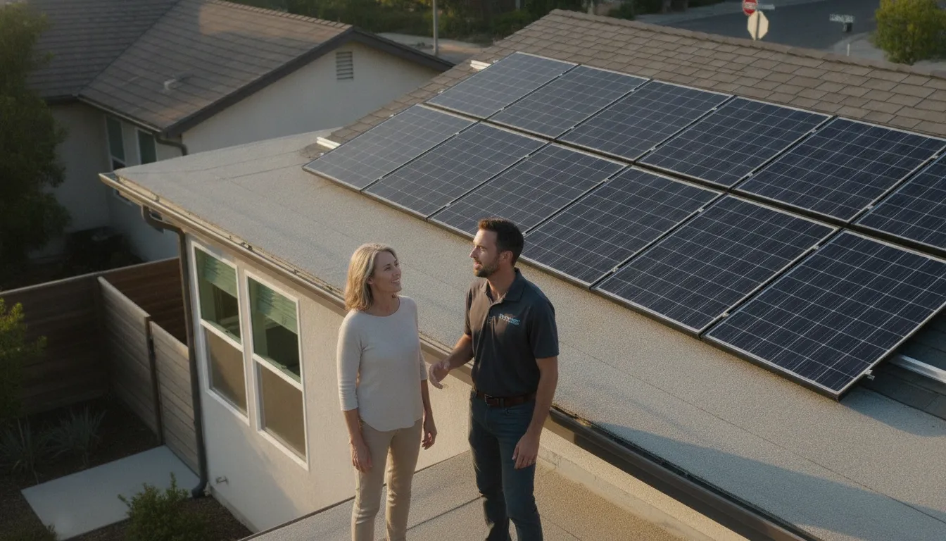 California homeowner reviewing solar system leases with a solar professional
