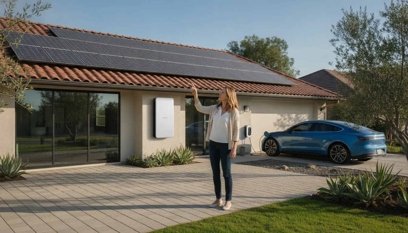 California home with rooftop solar, battery storage, and an electric vehicle charging setup