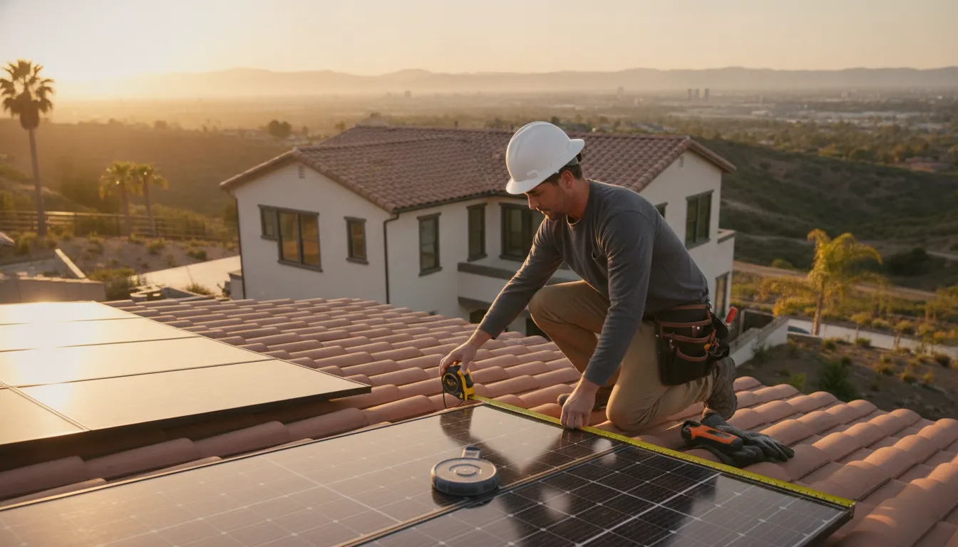 Solar professional measuring a California home's roof during an on-site assessment