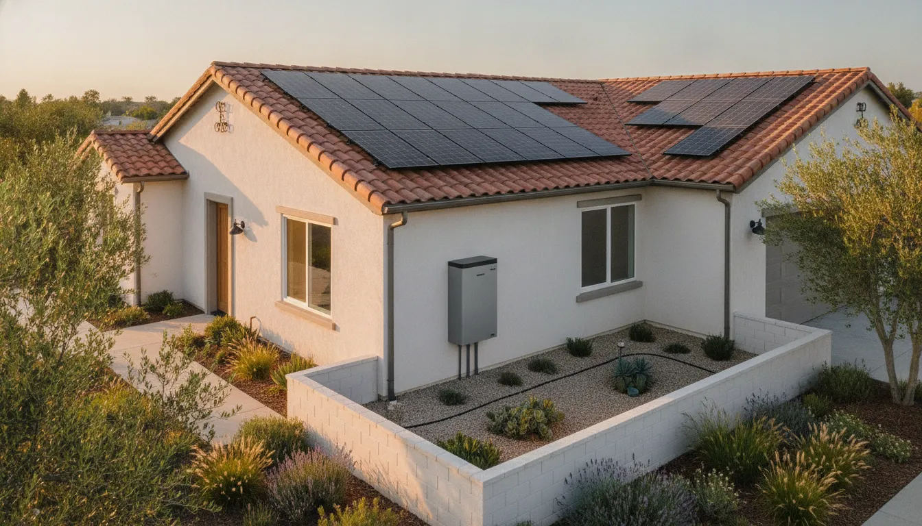 California home with rooftop solar panels and battery storage