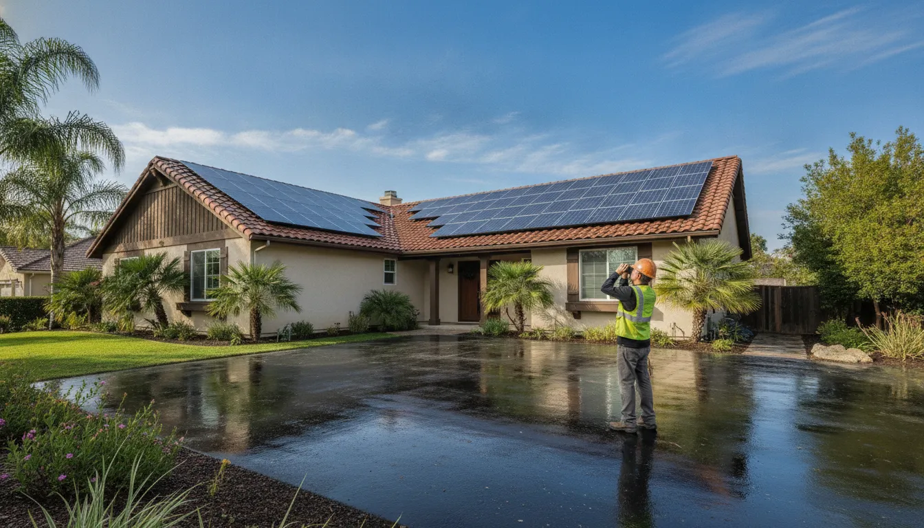 Solar panels on a California home with a technician inspecting the array