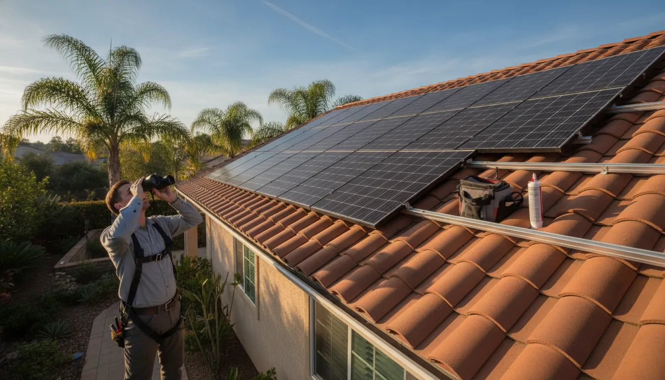 Solar technician inspecting rooftop panel mounting and weatherproofing at a California home