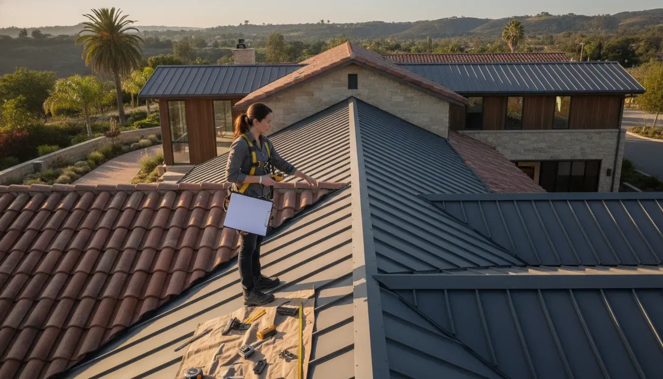 Solar roofing specialist evaluating tile and metal roof materials in California