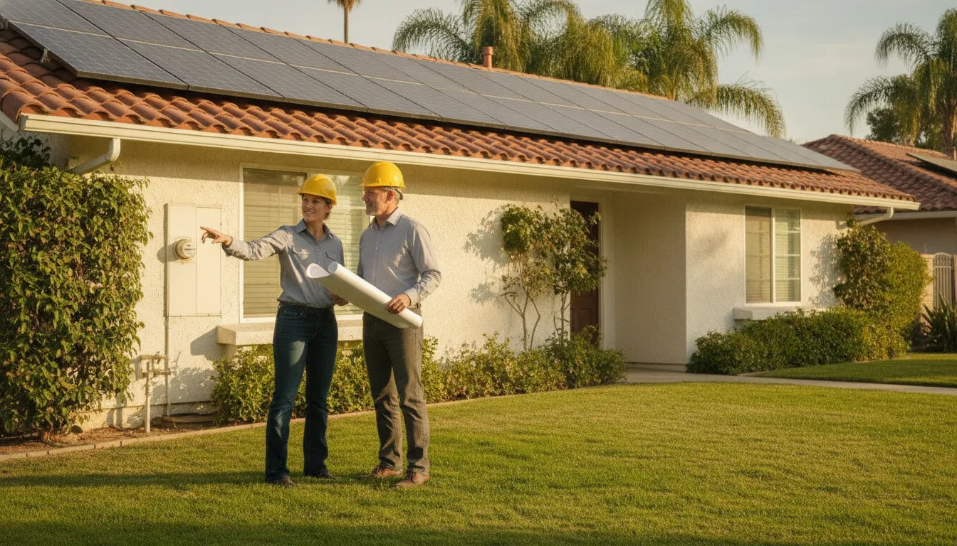 California homeowner comparing a solar installation plan with a solar professional