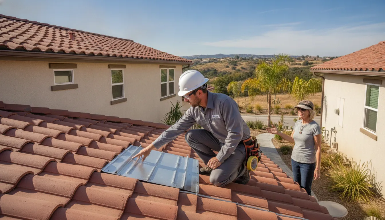 Solar professional inspecting a California tile roof before installation