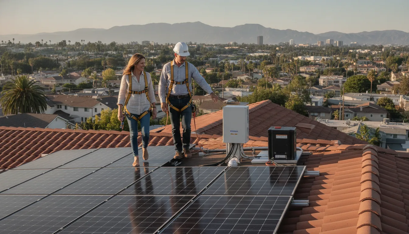 California solar installation team reviewing a finished rooftop system