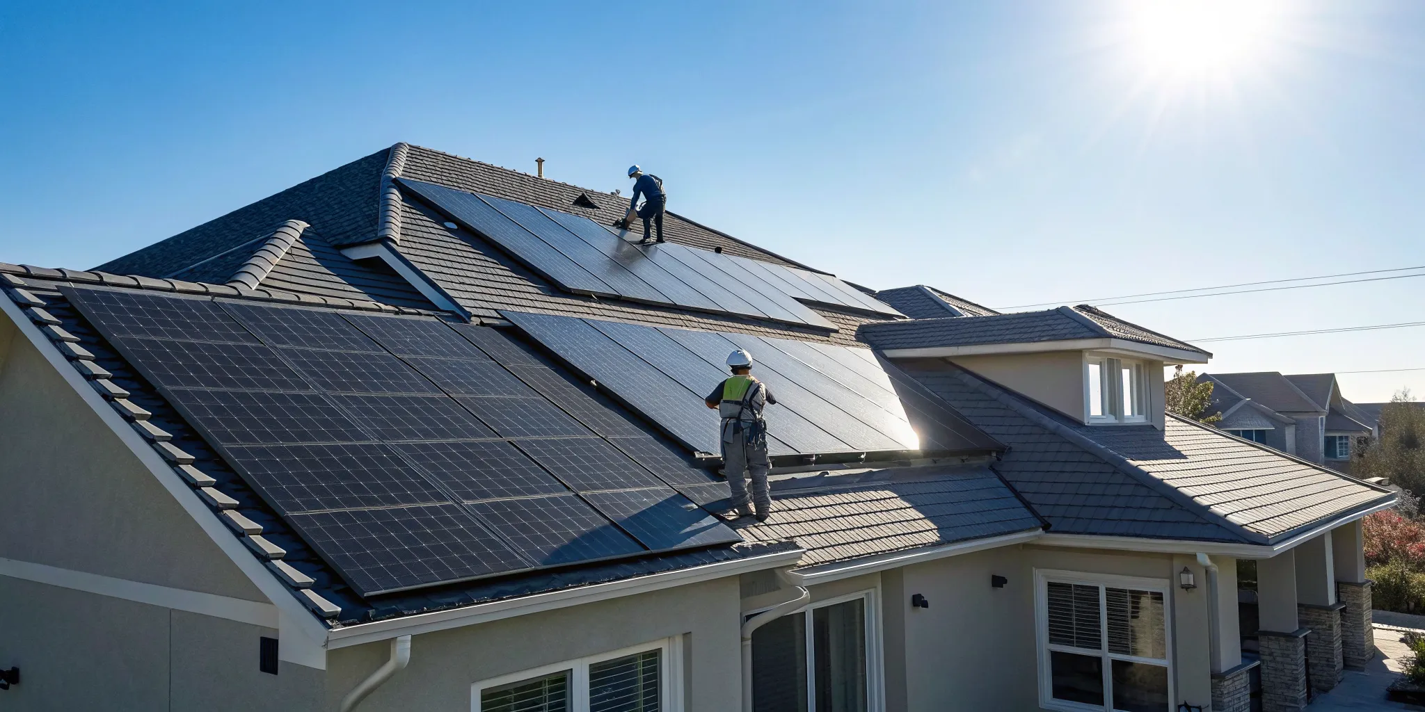 A solar and roofing company crew installing solar panels on a residential roof.