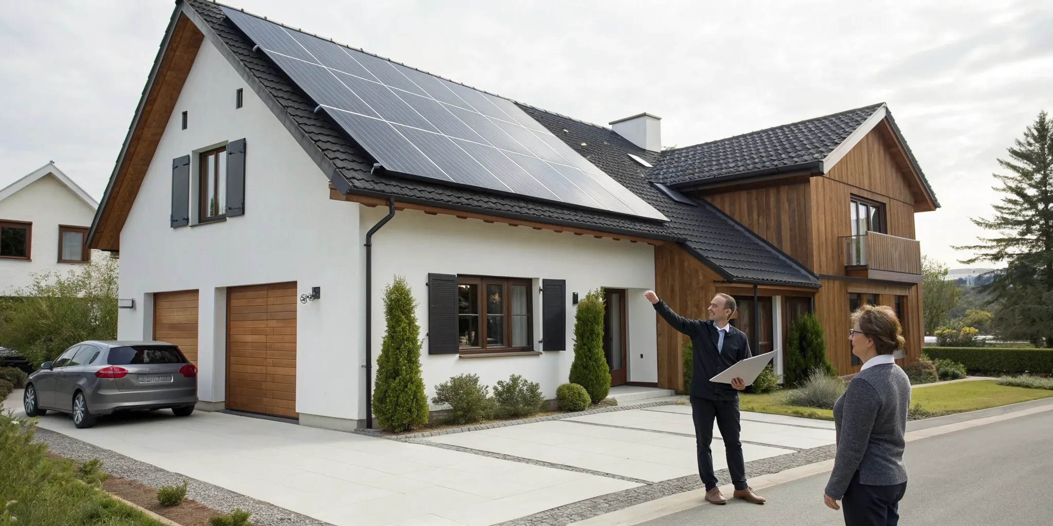 Solar panels for home for sale on the roof of a modern house with a homeowner and consultant.