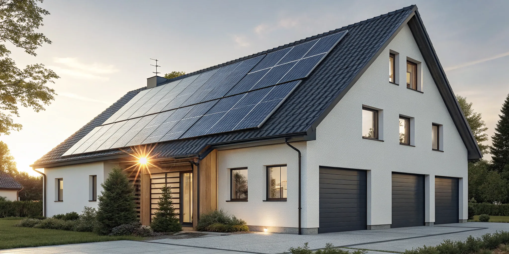 Rooftop solar panels on a modern home converting sunlight into electricity at sunset.