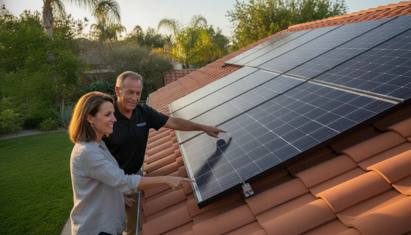 California homeowner reviewing an integrated solar and roofing project with a solar professional