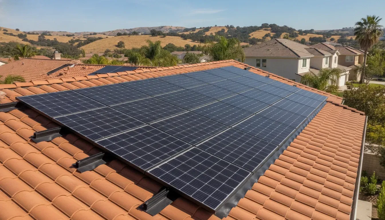 Solar panels and weatherproof roof mounting on a California home