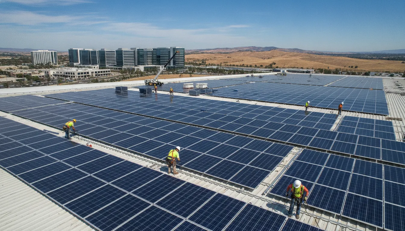 Commercial solar panel installation on a California building roof