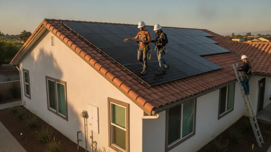 California home with rooftop solar panels and professionals completing a solar system installation