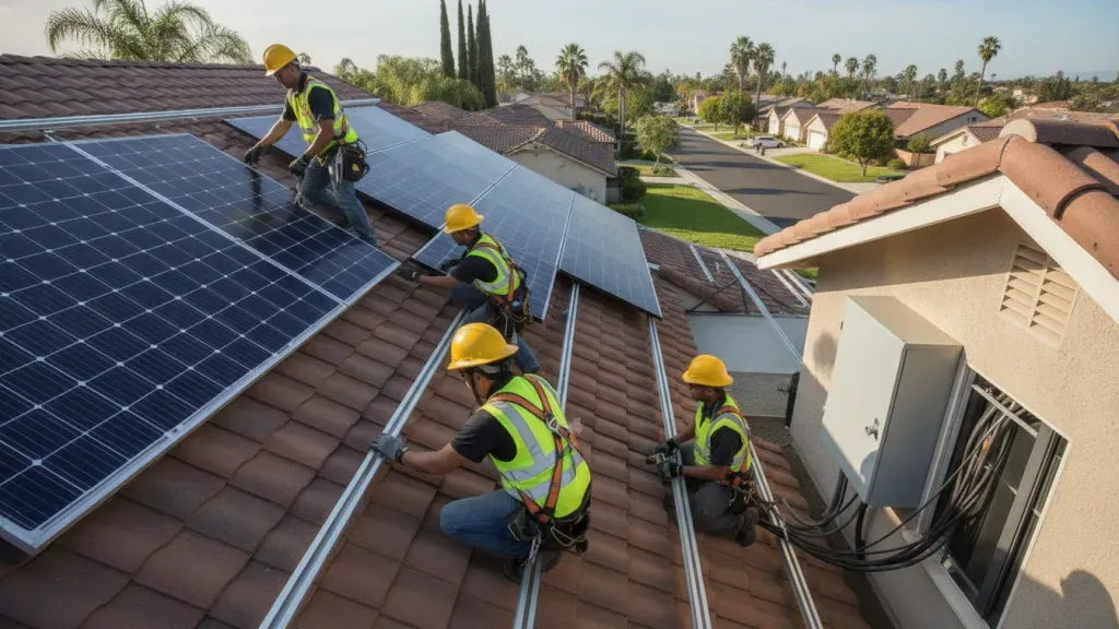 Technicians installing solar panels and electrical equipment on a residential roof