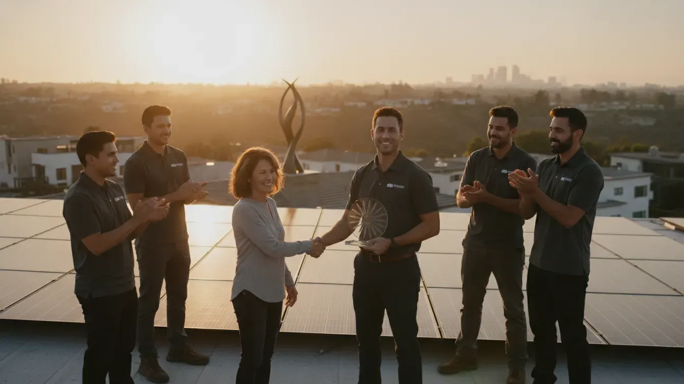 AMECO solar installation team on a California rooftop celebrating the 2026 Top Solar Contractor recognition