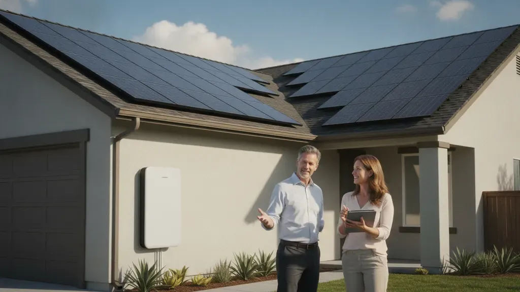 California homeowner reviewing black-on-black solar panels and a battery backup system with a solar professional