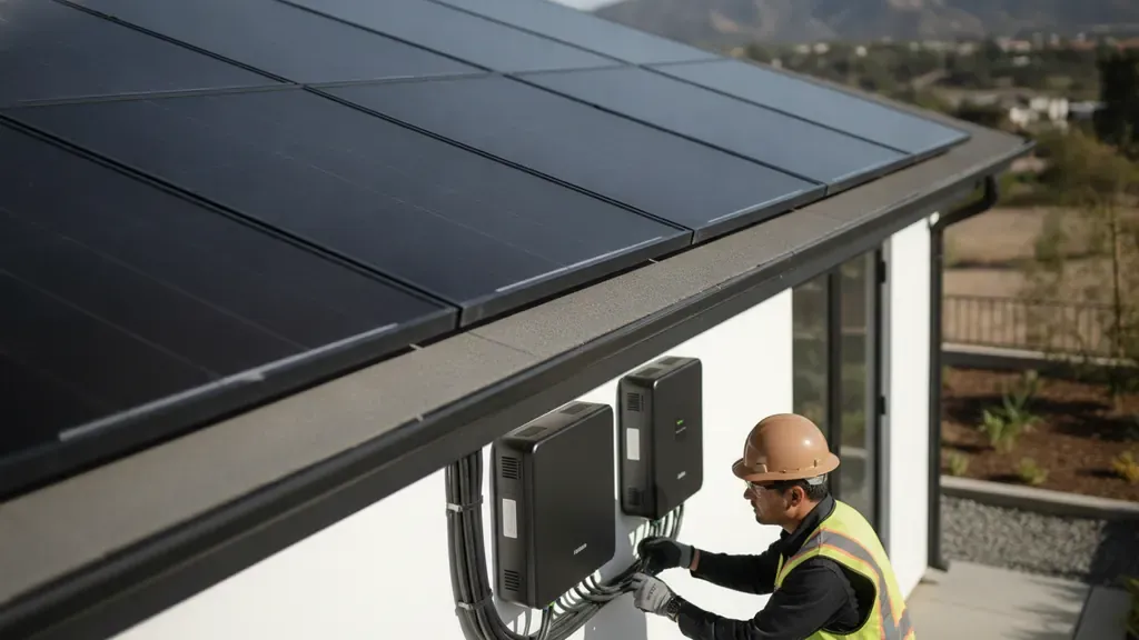 Black-on-black solar panels connected to inverter and battery equipment during a professional inspection