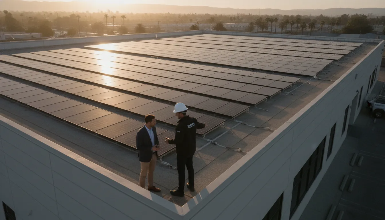 Isometric commercial rooftop solar system showing black panels, roof mounting, inverters, switchgear, and utility connection