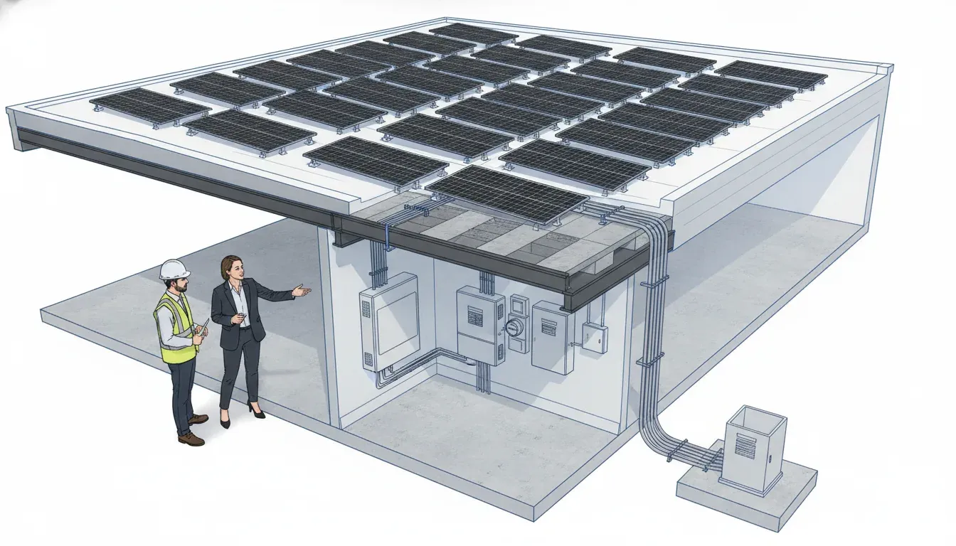 Commercial rooftop solar cutaway showing black panels, roof mounting, conduit, inverter, switchgear, and utility connection