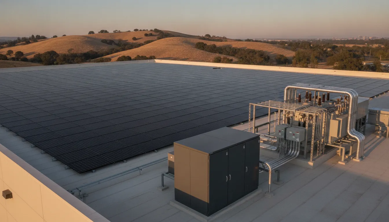 Commercial rooftop solar panels and battery storage equipment