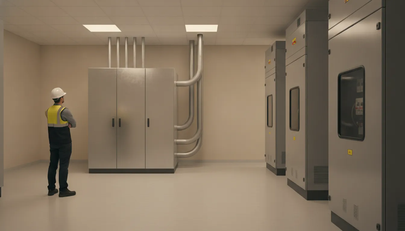 Commercial three-phase battery equipment assessed for a storage installation