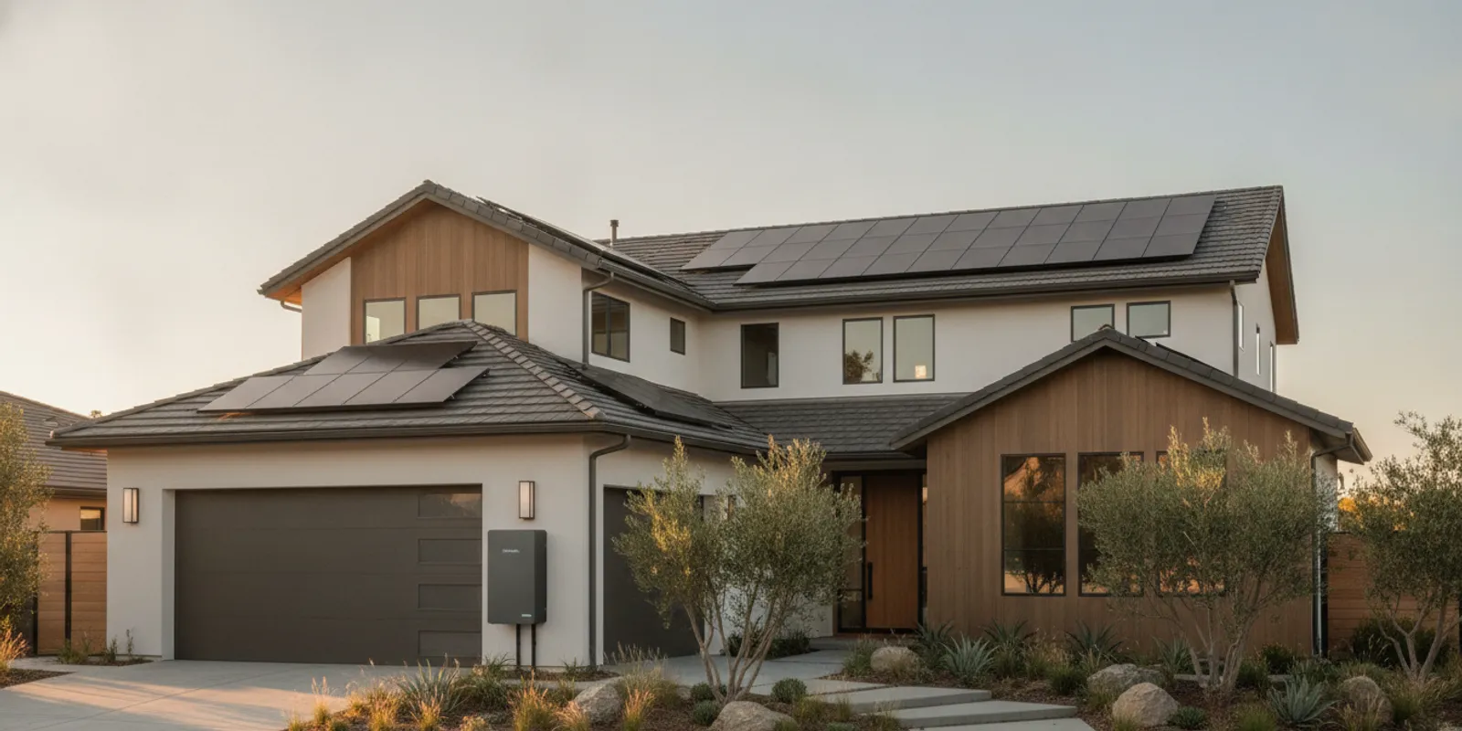 California home with rooftop solar panels and a home battery installed beside the electrical service