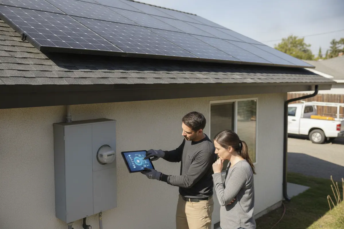 Installer reviewing an existing rooftop solar system and battery retrofit options at a California home