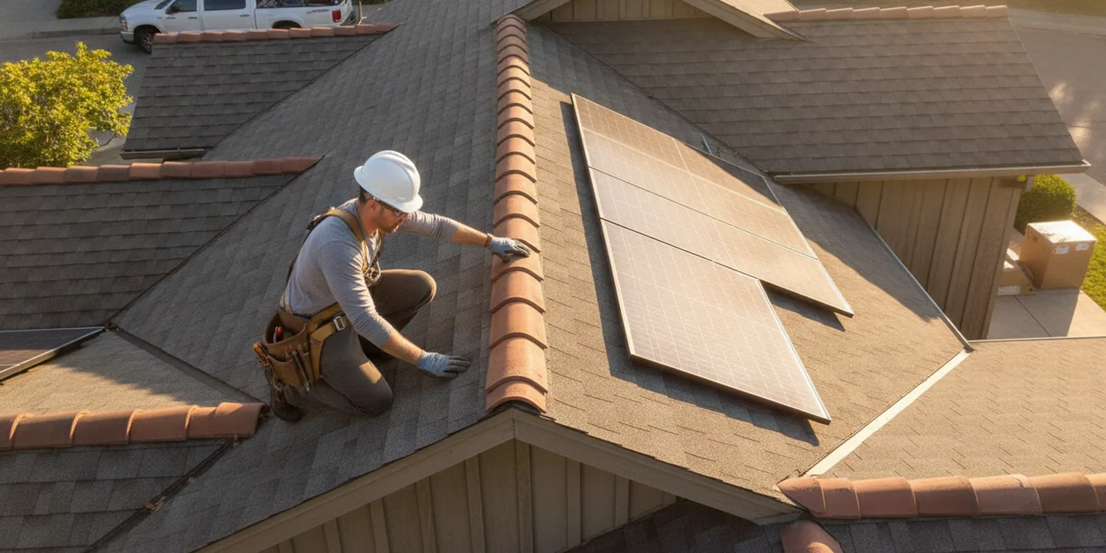 California roofing crew evaluating a home roof before replacement