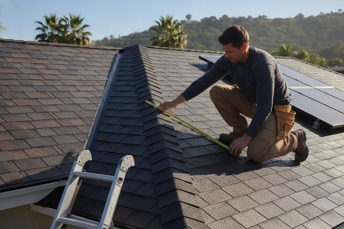 Roofing professional assessing roof slope and layout for a California replacement estimate