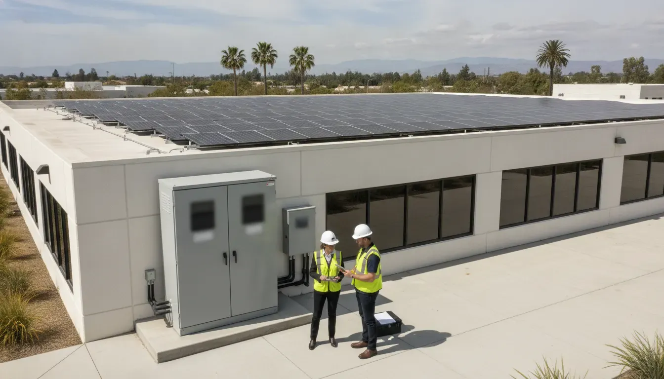California commercial facility manager reviewing solar battery storage equipment