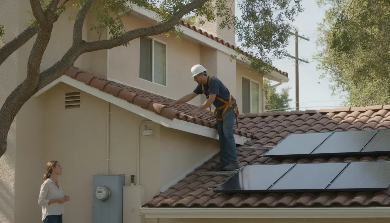 Solar installer evaluating a California tile roof and electrical service while preparing a solar installation quote