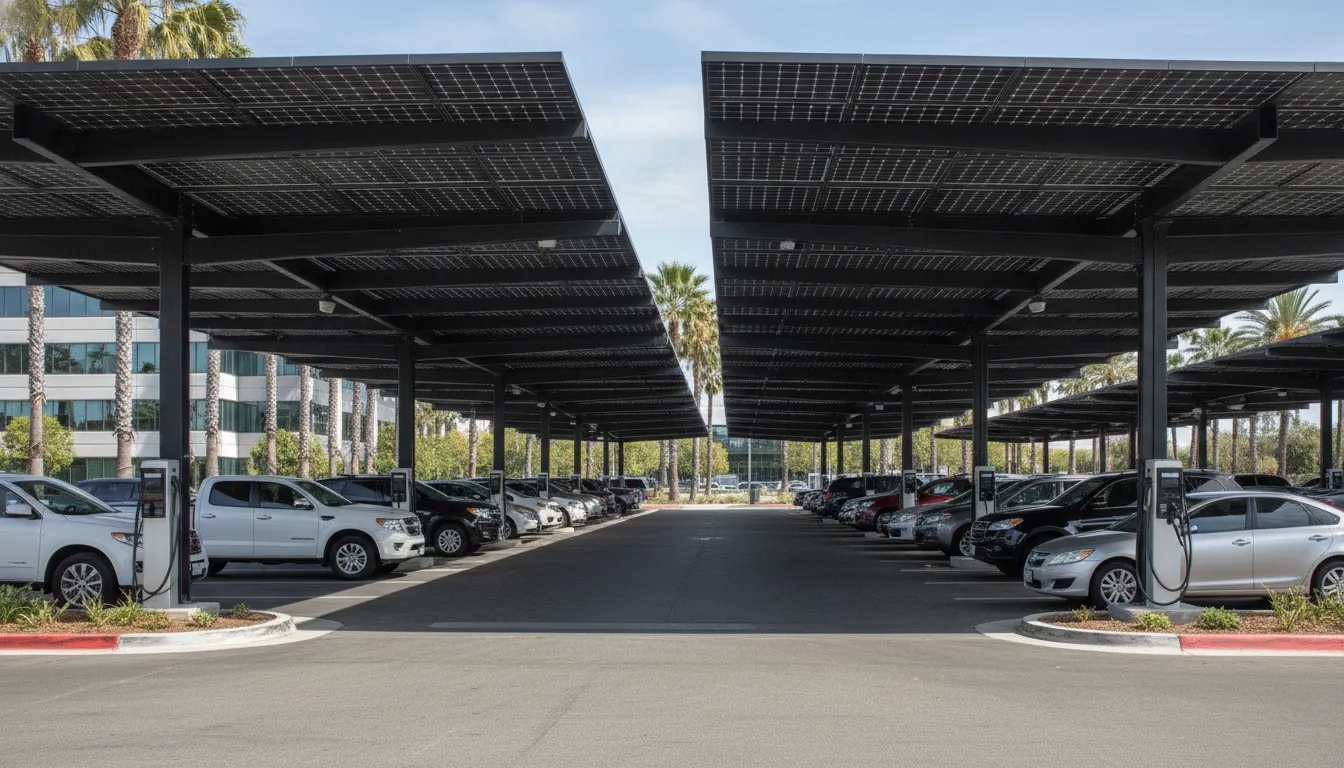 Commercial solar carport providing shaded parking and EV charging in California