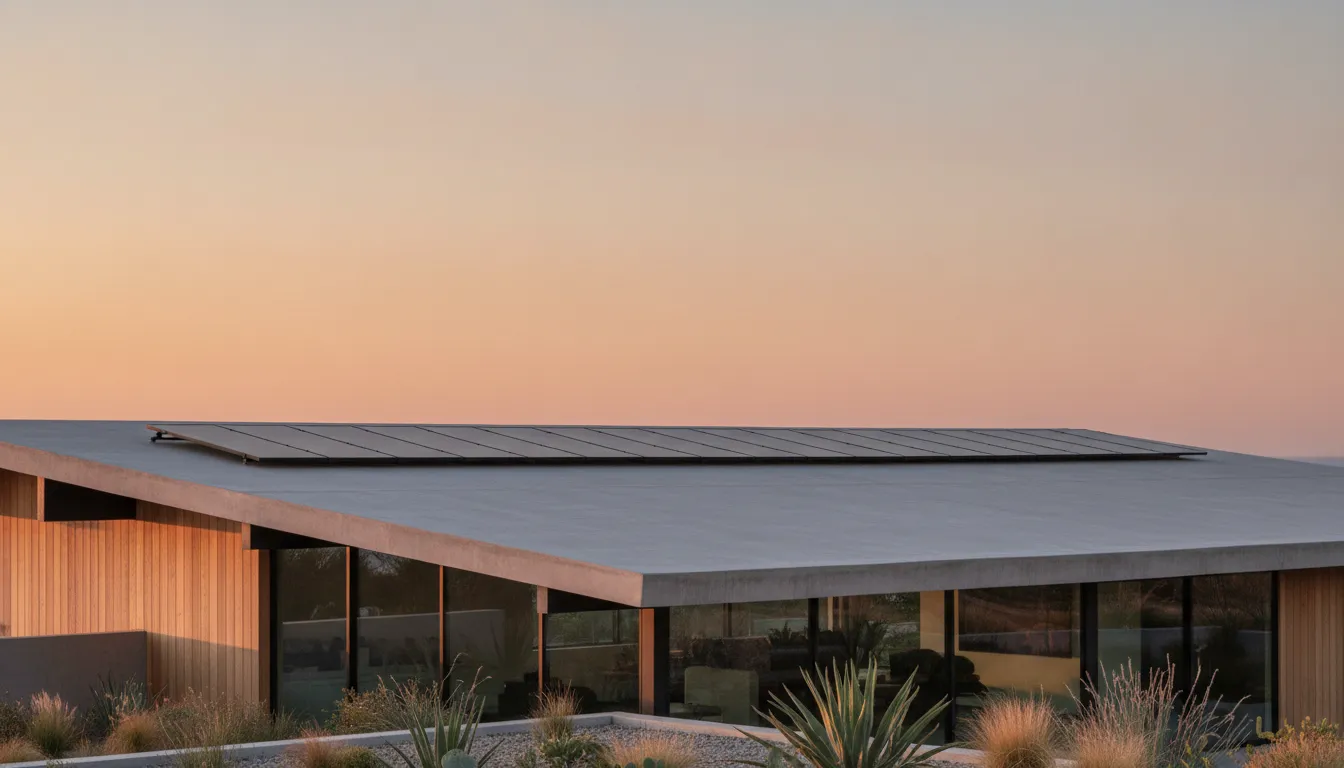 Black solar panels mounted above a poured concrete roof deck on a California home