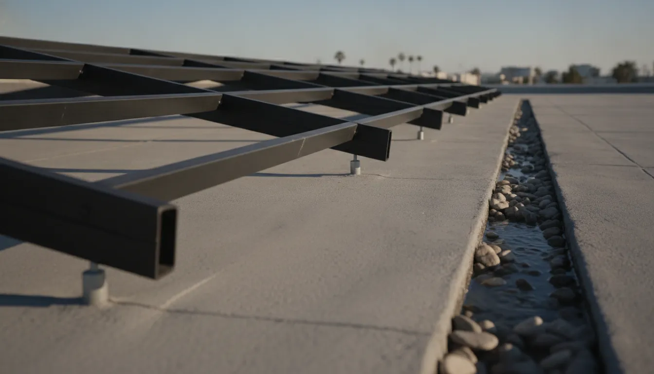 Black solar panels set above a concrete roof deck with a raised membrane edge and a drainage path