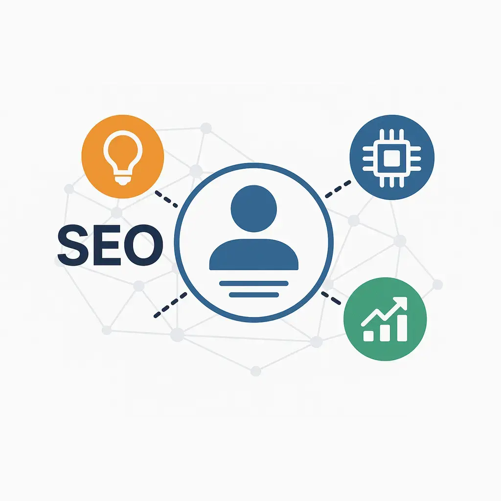 A man holding a search icon that has a text "SEO"