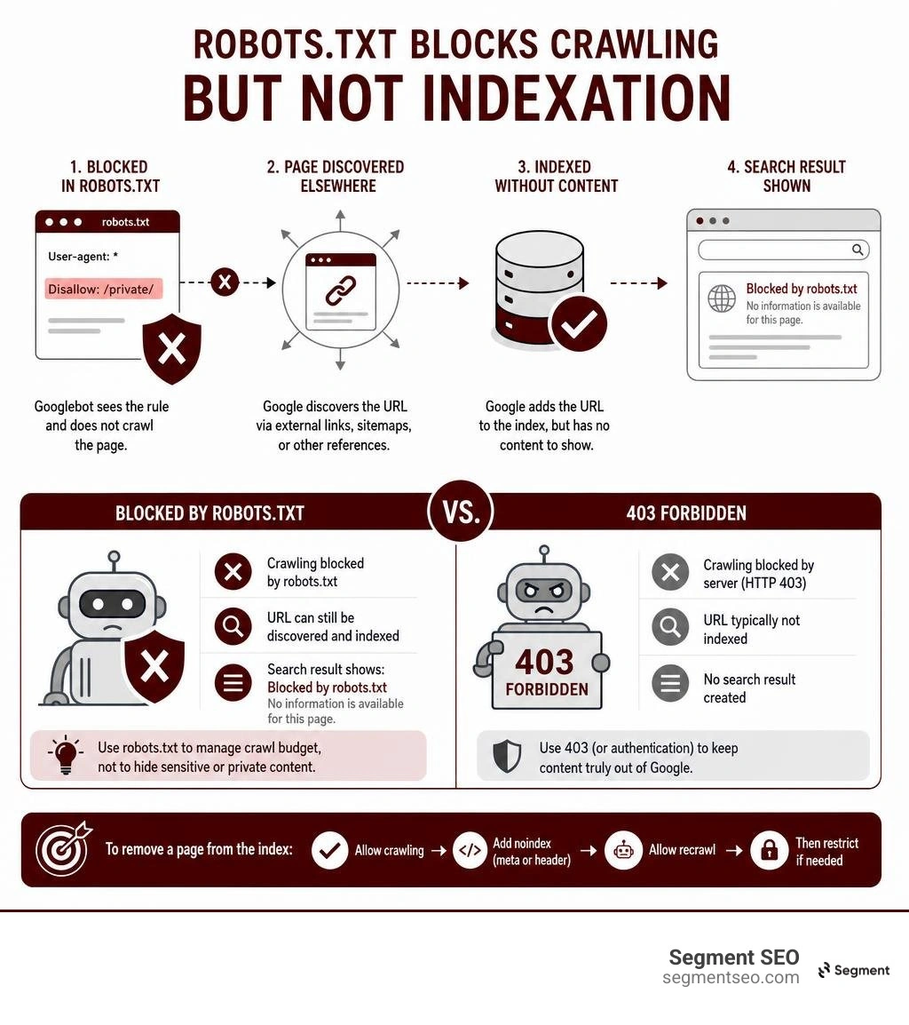 How robots.txt prevents crawling but can still allow indexation, with status labeled Blocked by robots.txt instead of 403 How robots.txt prevents crawling but can still allow indexation, with status labeled Blocked by robots.txt instead of 403