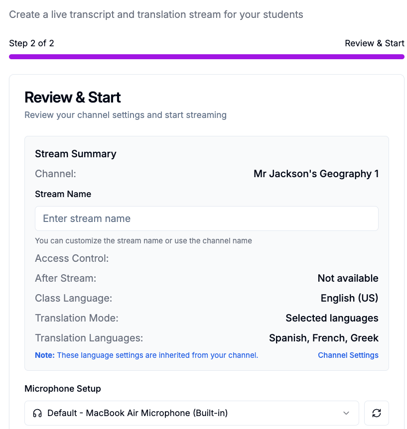 Simultaneous Multilanguage Translation navigation screenshot