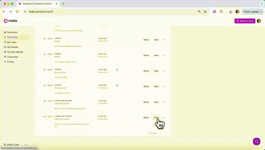 Mote Pages navigation screenshot
