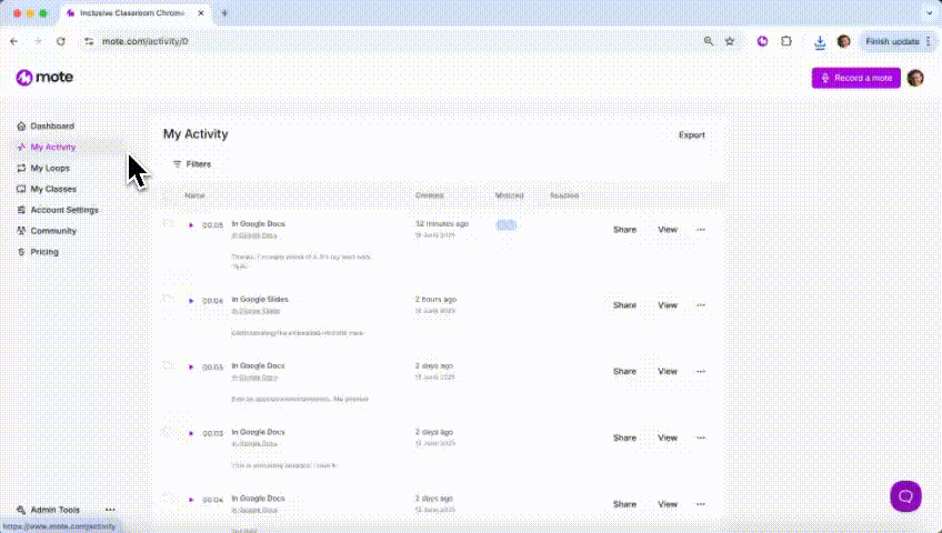 Motebook Voice Comment Bank navigation screenshot