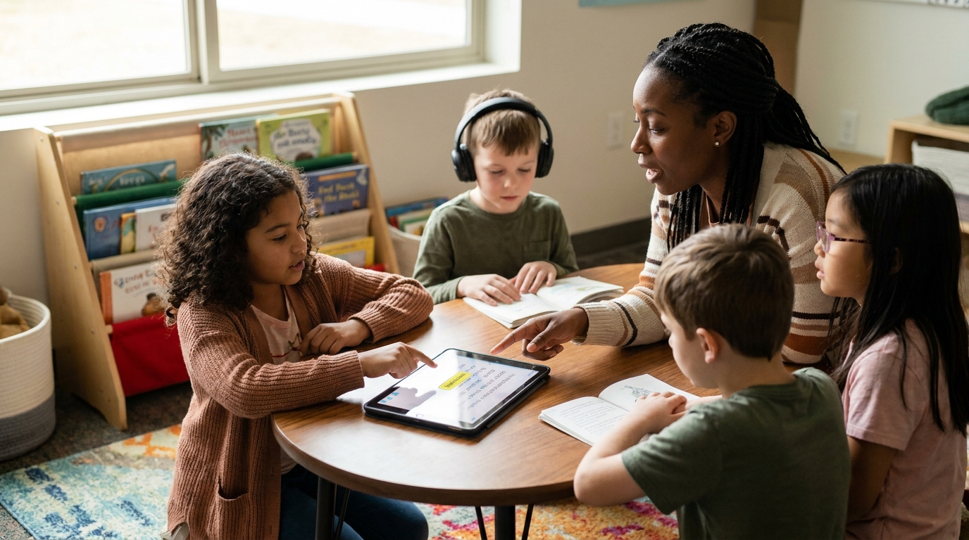 A small reading group with a teacher and three elementary students gathered around a tablet showing a highlighted interactive reading passage in a cozy reading-corner setting.