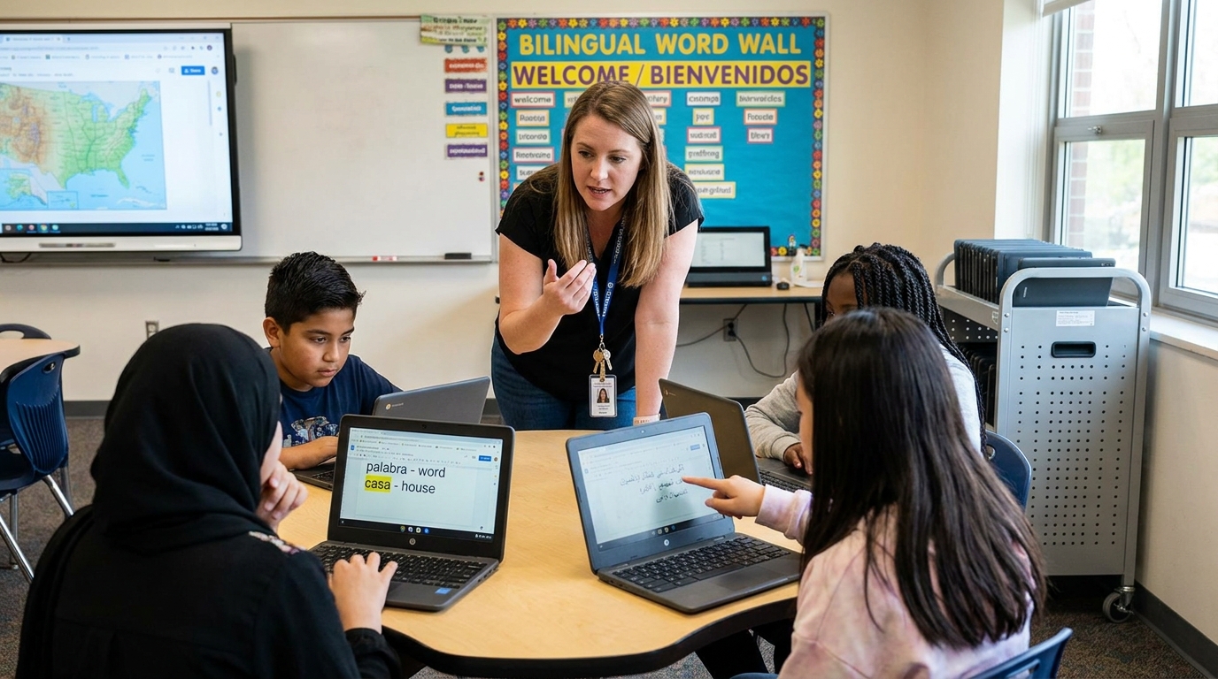 A middle-school ELL teacher at a group table with four ELL students working on Chromebooks showing translated vocabulary lists alongside English text.