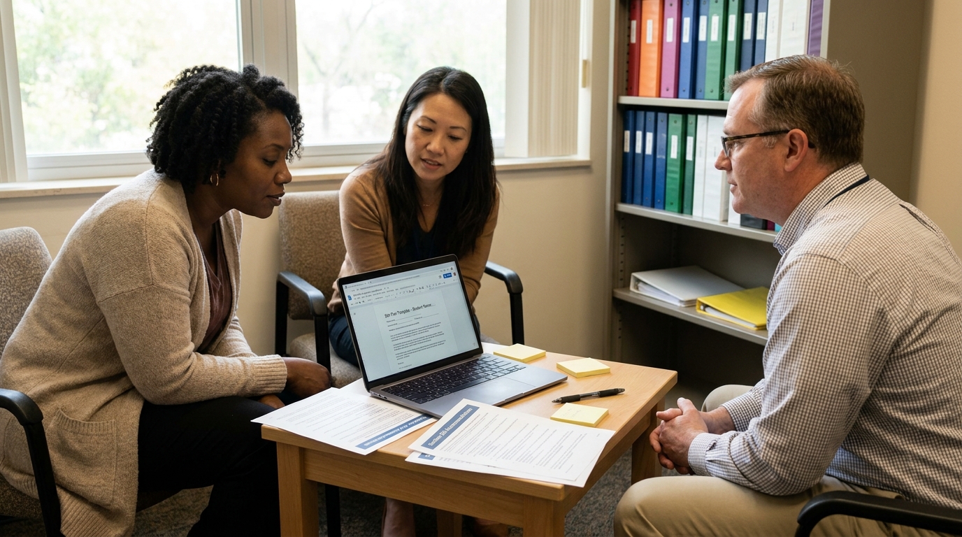 A parent meeting with an assistant principal and 504 coordinator at a school office table, with a 504 plan template open on a laptop and Section 504 reference materials.
