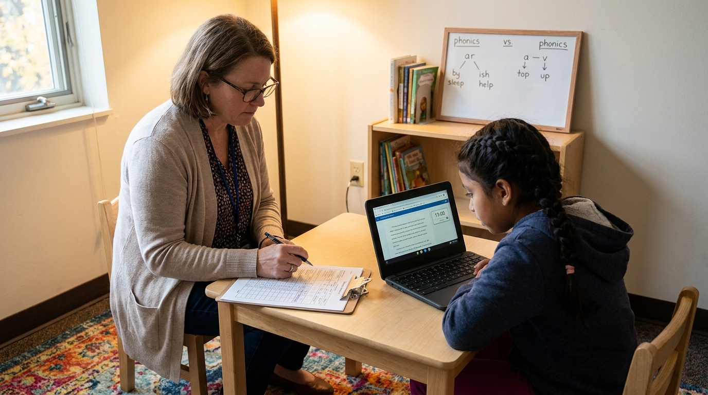A reading specialist with a student in a small pull-out room, Chromebook between them showing a structured diagnostic reading task — a reading-disability evaluation in progress.