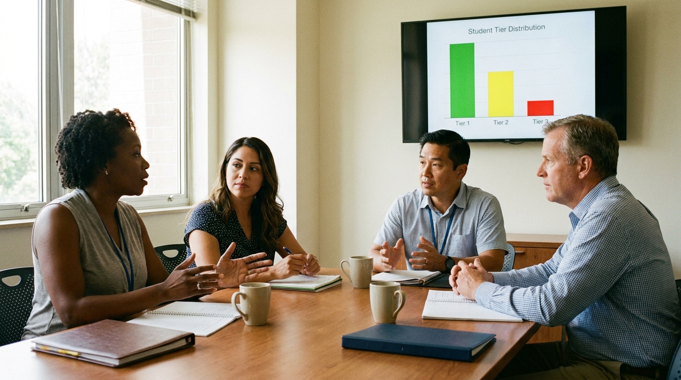 A diverse school leadership team in a conference room reviewing a Student Tier Distribution dashboard with Tier 1, Tier 2, and Tier 3 bars — planning MTSS implementation.