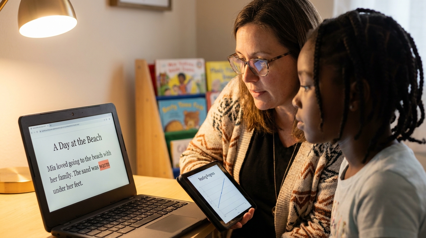 A 1-on-1 reading intervention session: a teacher beside a 4th-grade student reading a passage about a day at the beach on a Chromebook while the teacher tracks progress data on a tablet.