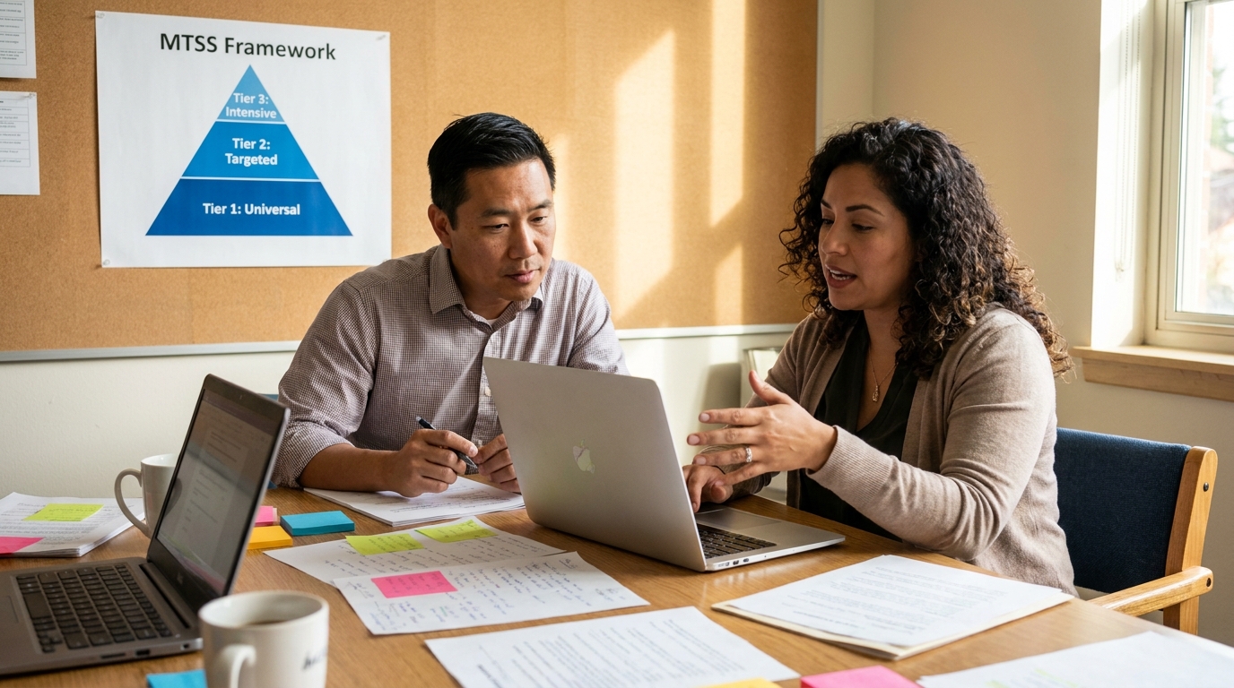 A principal and an instructional coach at a planning table with laptops, sticky notes, and a clean MTSS Framework triangle (Tier 1: Universal, Tier 2: Targeted, Tier 3: Intensive) on the corkboard behind them.
