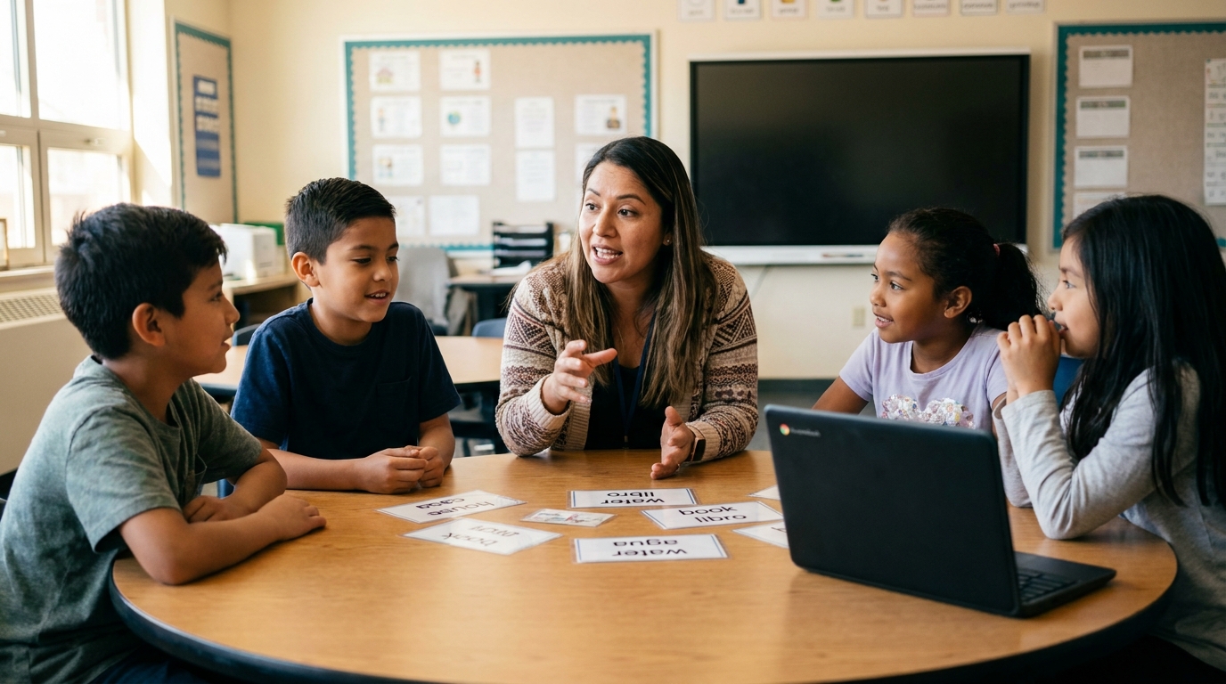 An ELL teacher with a small group of multilingual elementary students at a group-work table with clean printed bilingual vocabulary cards (house/casa, book/libro, water/agua).