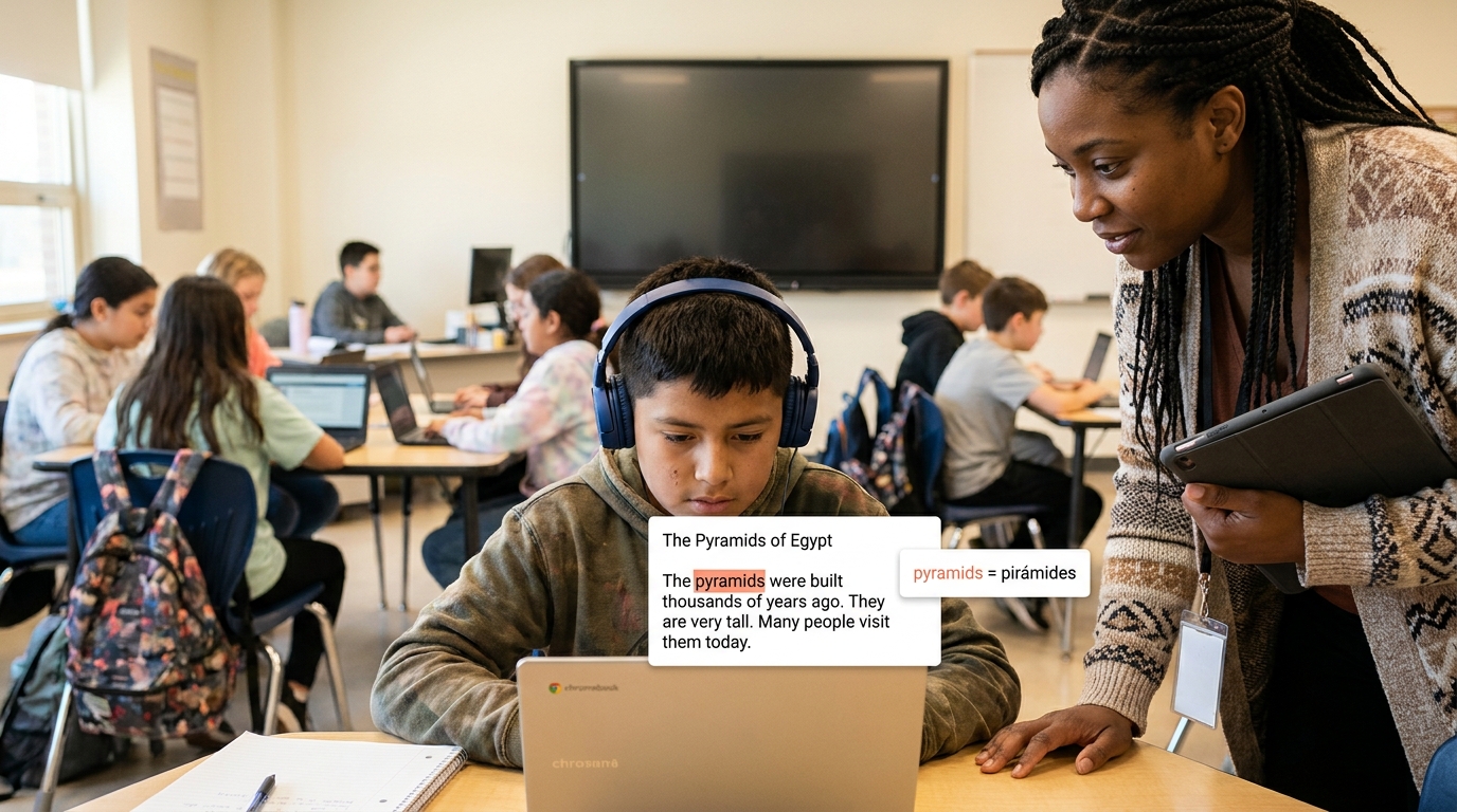 An ELL middle-schooler at a Chromebook with headphones, screen showing a passage about the Pyramids of Egypt with a translation popup (pyramids = pirámides), while his teacher checks in.