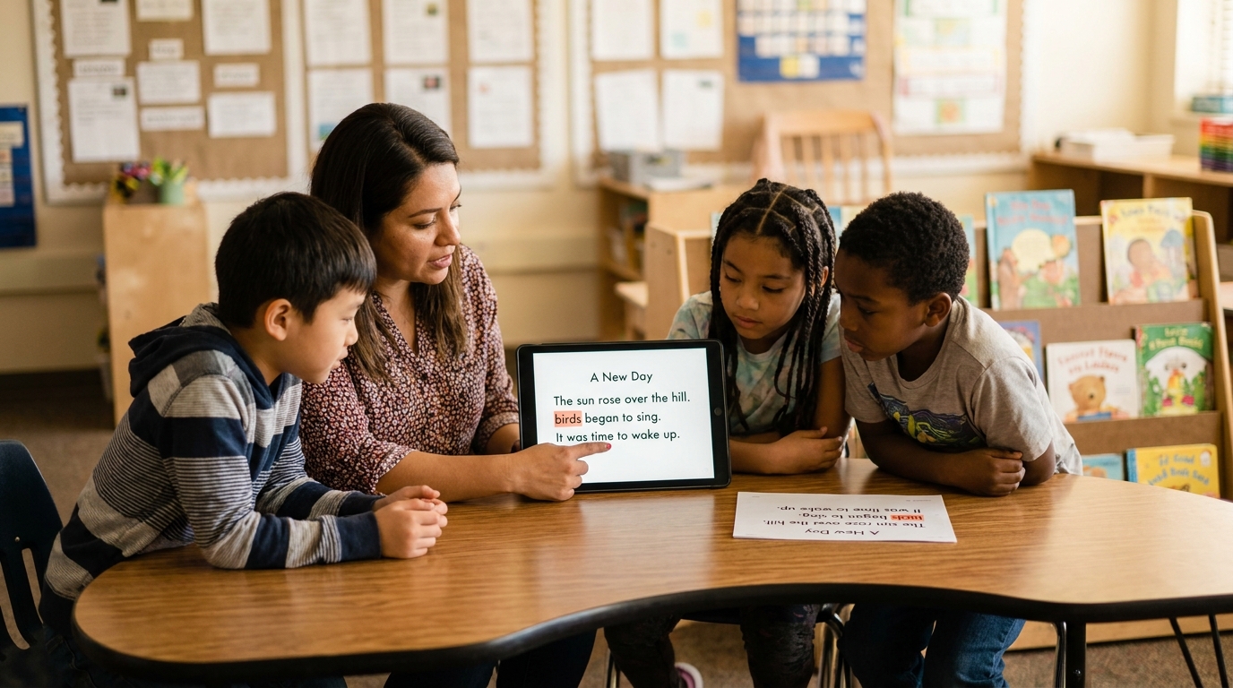 A small ELL reading group with a teacher pointing to a highlighted word on a tablet showing a clean reading passage, with three diverse elementary students following along.